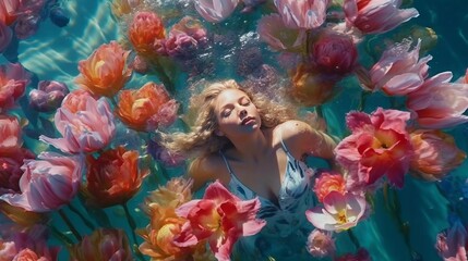 Woman swimming in pool full of flowers. Made with Generative AI.