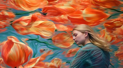 Abstract illustration of woman with dress surrounded by water and flowers. Made with Generative AI.