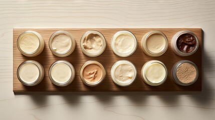  a wooden tray holding a variety of different types of creams.  generative ai