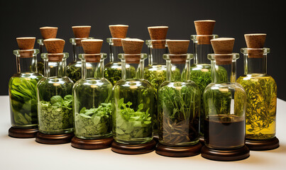 Aromatherapy, bottles with herbs and oil on a wooden table.