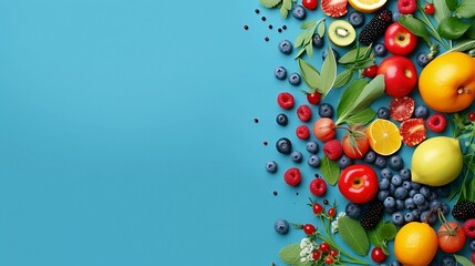 Top view of fresh fruits, vegetables and berries on blue background. Space for text. Generative AI.