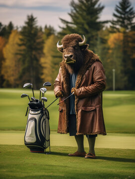 A Bison Dressed up as a Golfer on a Golf Course | Generative AI