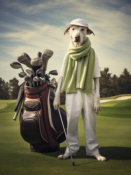 A Dog Dressed up as a Golfer on a Golf Course | Generative AI
