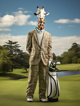 A Giraffe Dressed up as a Golfer on a Golf Course | Generative AI