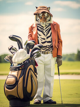 A Tiger Dressed up as a Golfer on a Golf Course | Generative AI