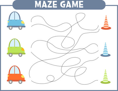 Maze game. Find the right route for colorful cars. Worksheet for kids