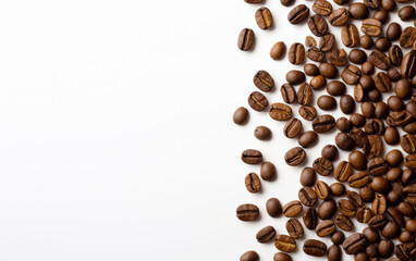 Naklejka premium Coffee beans top view on a white background space for text