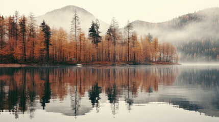 Indian summer mountain landscape reflected in a lake