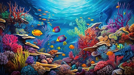  a painting of an underwater scene with fish and corals.  generative ai