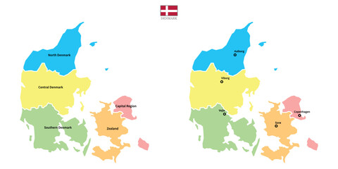 Two Denmark maps background with regions, region names and cities in color, flag. Denmark map isolated on white background. Vector illustration map europe