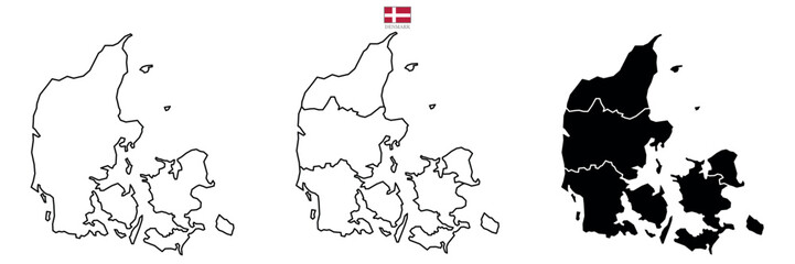 Three Denmark vector maps with flag and state in color. Background map eps 10