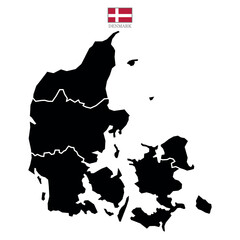 Denmark contour vector map with state, black-white, flag in color. Background map eps 10