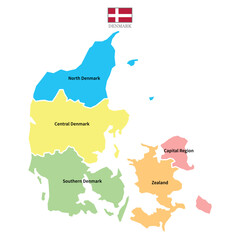 Denmark maps background with regions, region names and cities in color, flag. Denmark map isolated on white background. Vector illustration map europe eps 10
