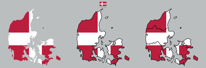 Fototapeta premium Three Denmark vector maps with flag and state in color. Background map eps 10