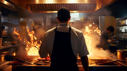 Observing from behind, a chef in an Asian restaurant kitchen stands near a gas stove with flames and smoke rising.