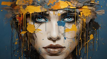 Abstract painting of a woman in blue yellow