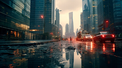 the streets of big cities with skyscrapers reflecting in puddles