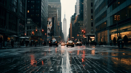 the streets of big cities with skyscrapers reflecting in puddles