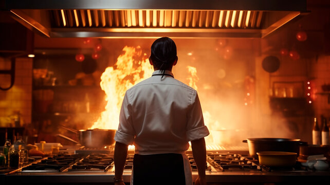 Observing from behind, a chef in an Asian restaurant kitchen stands near a gas stove with flames and smoke rising.