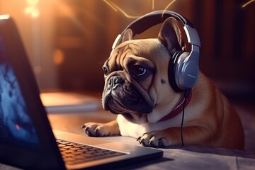 dog in headphones sits at laptop.
