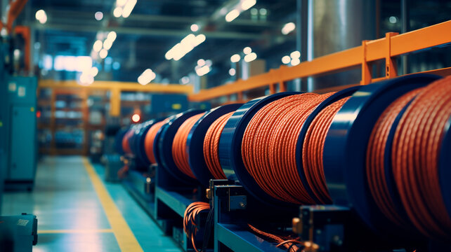 cables and wires of different diameters in a cable factory. industrial cable production