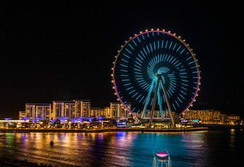 Spiral lights on structure of Ain Dubai Observation Wheel on BlueWaters Island at night