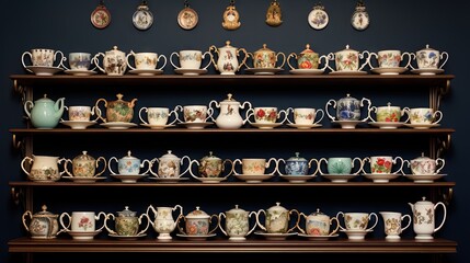  a shelf filled with lots of different kinds of cups and saucers.  generative ai