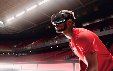Fototapeta na wymiar Elite athlete in a stadium using with a VR headset and taking advantage of mixed and augmented reality technologies for training.