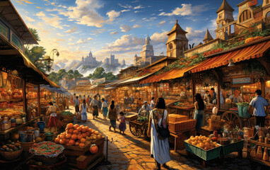 A vibrant representation of local street market full of vegetables and handcrafted products.