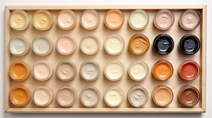  a wooden box filled with lots of different types of creams.  generative ai
