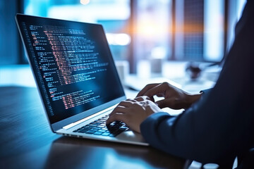 A man writes code on a computer at night, tecnology,  Networking,  programming codes, algorithms, Generative AI