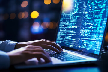 A man writes code on a computer at night, tecnology,  Networking,  programming codes, algorithms, Generative AI