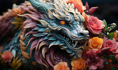 Fantasy floral dragon on a colorful floral background.