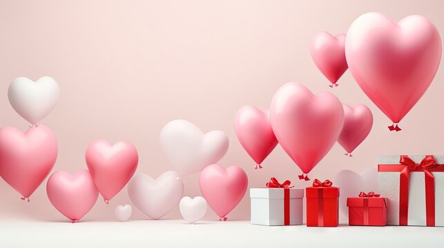  a bunch of heart shaped balloons flying over a gift box.  generative ai