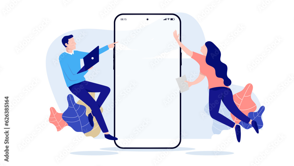 Leinwandbilder developers working - two people flying and doing work on blank smartphone screen mockup. flat design
