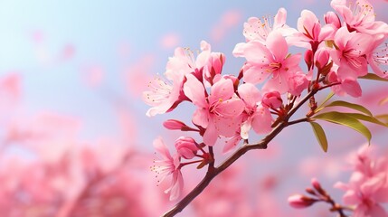  a branch of pink flowers with green leaves on a blue sky background. generative ai