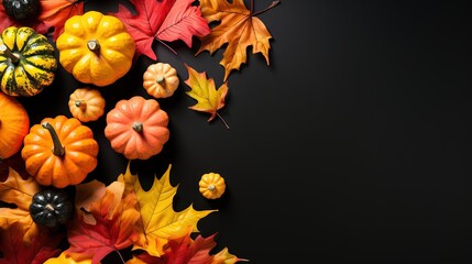  a group of fake pumpkins and leaves on a black background.  generative ai