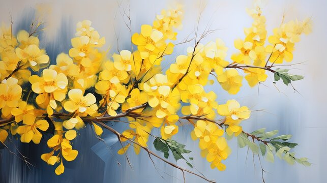  a painting of a branch with yellow flowers on a blue background.  generative ai