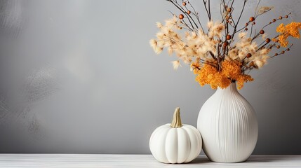  a white vase filled with flowers next to a white pumpkin.  generative ai