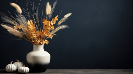  a white vase with dried flowers and pumpkins on a table.  generative ai