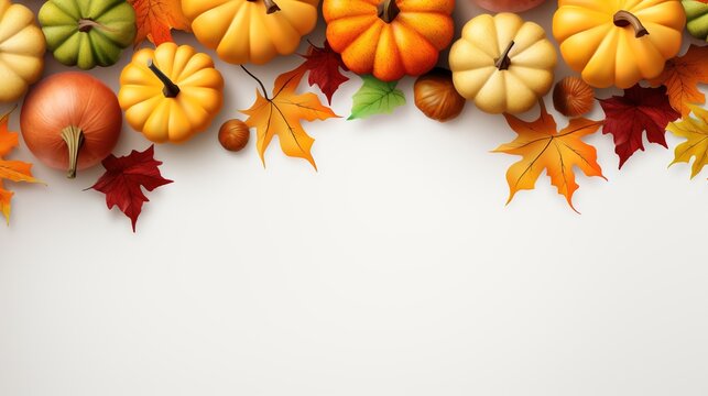  a group of pumpkins and leaves on a white background.  generative ai
