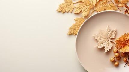  a white plate with some leaves and berries on top of it.  generative ai