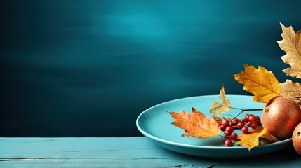  a blue plate topped with apples and a bunch of leaves.  generative ai