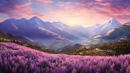 Obraz premium a painting of a mountain range with purple flowers in the foreground. generative ai