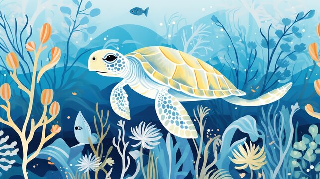  a painting of a sea turtle swimming in the ocean surrounded by plants and fish.  generative ai