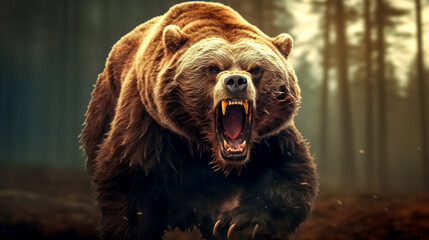 angry running brown bear in the forest, made with Generative AI - obrazy, fototapety, plakaty