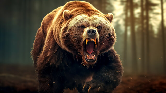 angry running brown bear in the forest, made with Generative AI