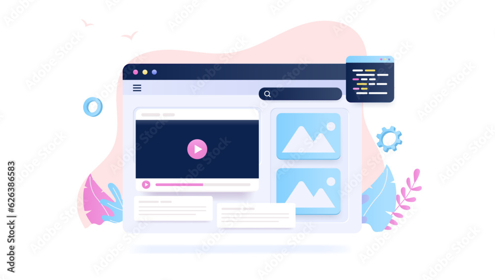 Poster Video service online - Web window with movie player and play button, vector illustration with white background