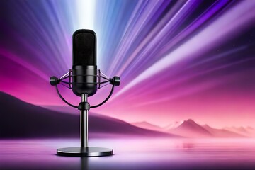Professional microphone with pink purple background banner, Podcast or recording studio background