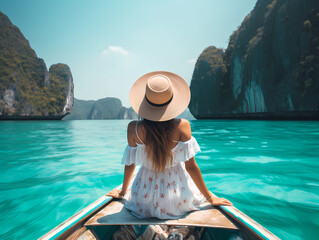 Happy tourist woman in white summer dress relaxing on boat at the beautiful Phi Phi islands with teal waters and clear skies. Krabi, travel concept for Thailand. Generative Ai